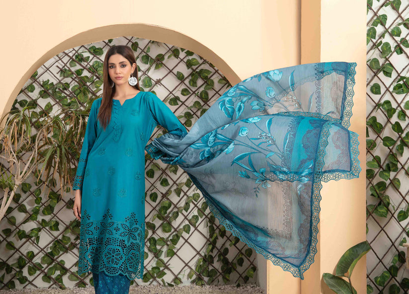 Tawakkal Fabrics 3 Piece Stitched Fancy Heavy Schiffli Embroidered Lawn Suit - D-2547