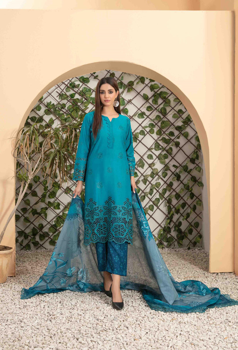 Tawakkal Fabrics 3 Piece Stitched Fancy Heavy Schiffli Embroidered Lawn Suit - D-2547