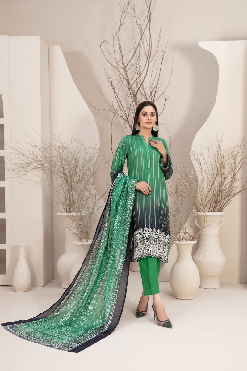 Tawakkal Fabrics 3 Piece Stitched Embroidered Digital Printed Lawn Zari Line Suit - D-2959