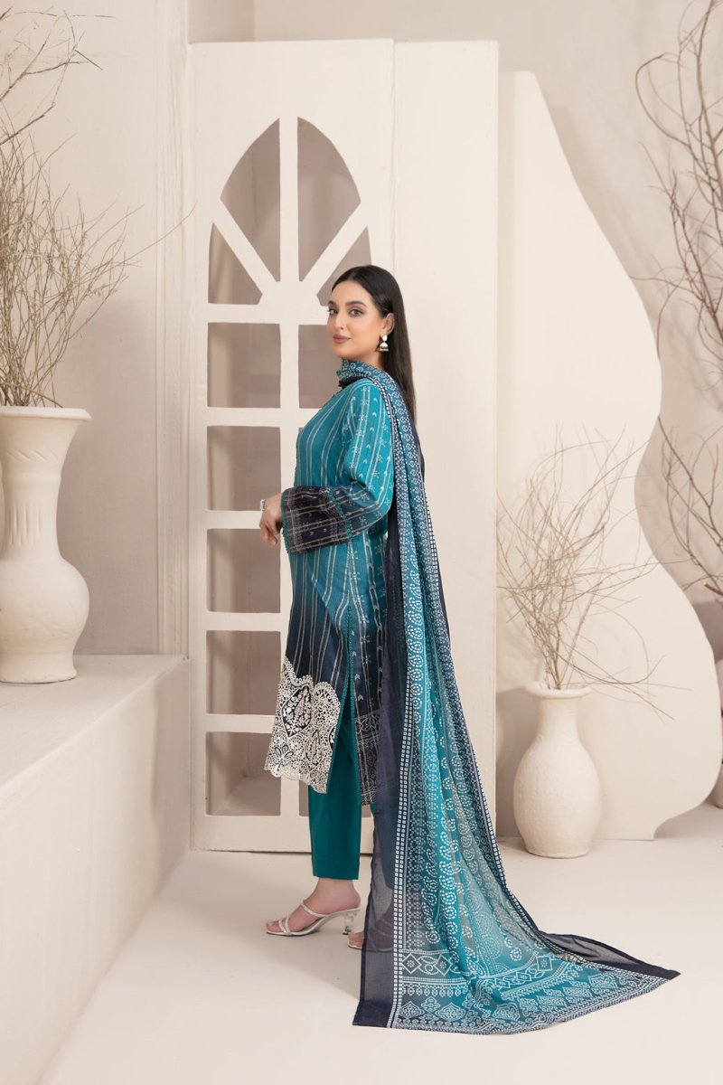 Tawakkal Fabrics 3 Piece Stitched Embroidered Digital Printed Lawn Zari Line Suit - D-2961