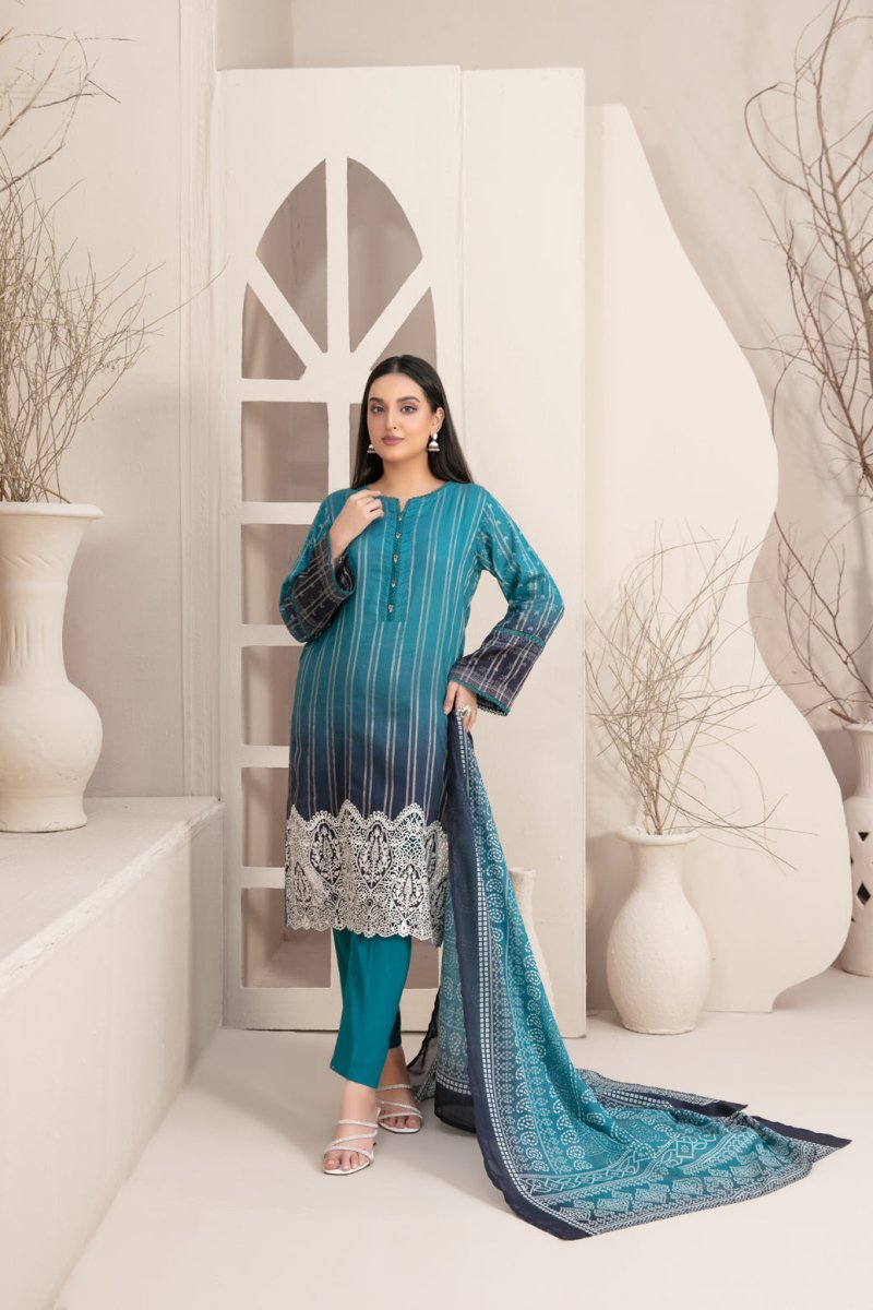 Tawakkal Fabrics 3 Piece Stitched Embroidered Digital Printed Lawn Zari Line Suit - D-2961