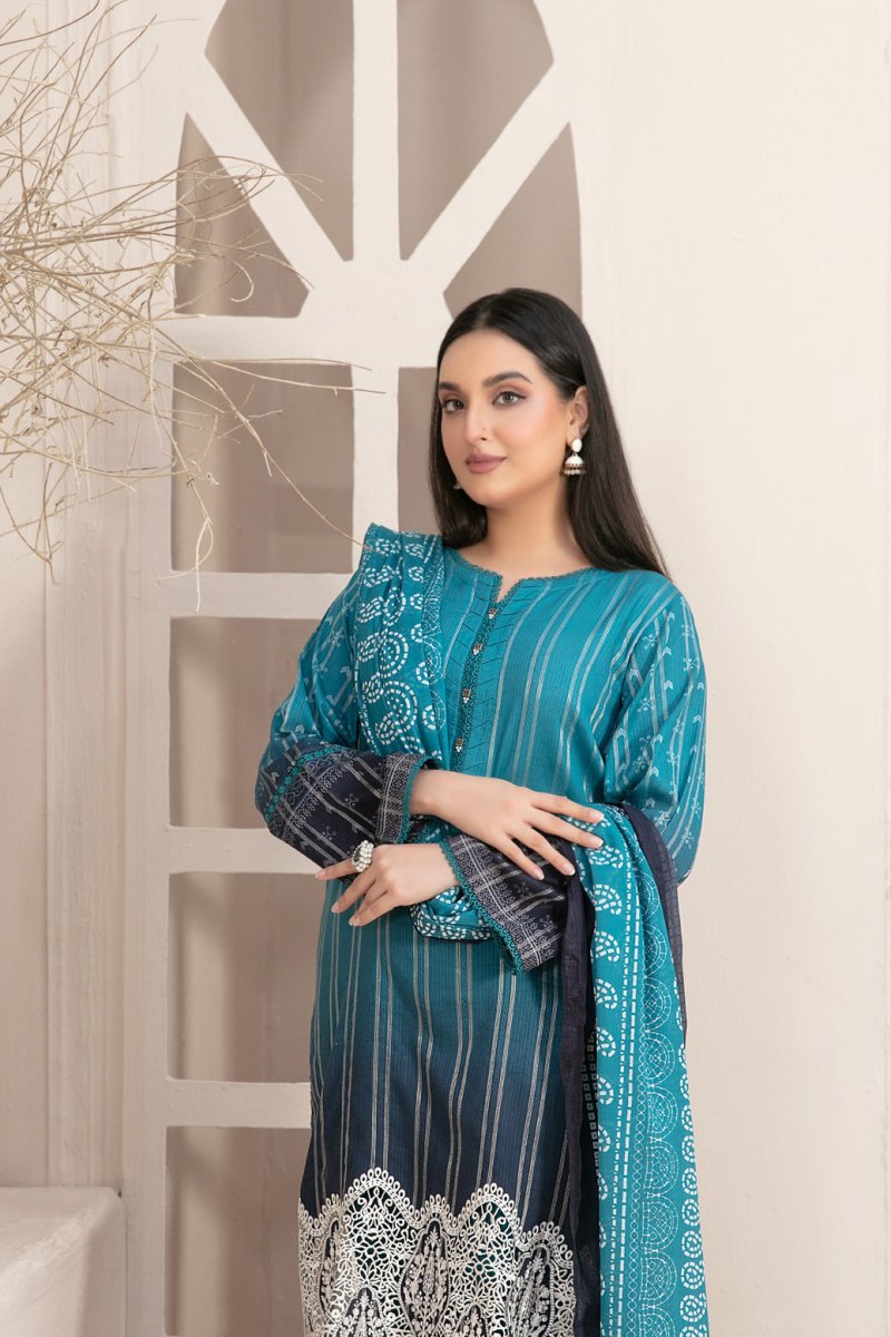 Tawakkal Fabrics 3 Piece Stitched Embroidered Digital Printed Lawn Zari Line Suit - D-2961