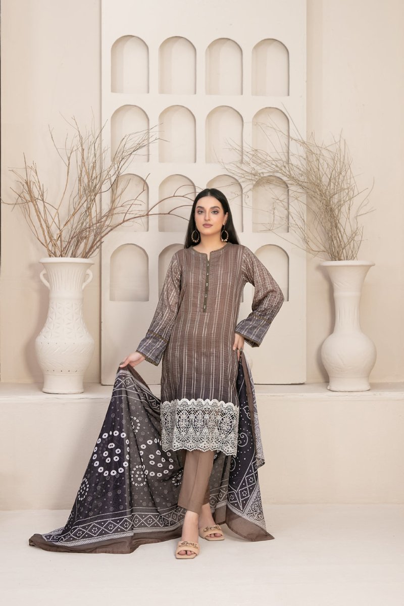 Tawakkal Fabrics 3 Piece Stitched Embroidered Digital Printed Lawn Zari Line Suit - D-2962