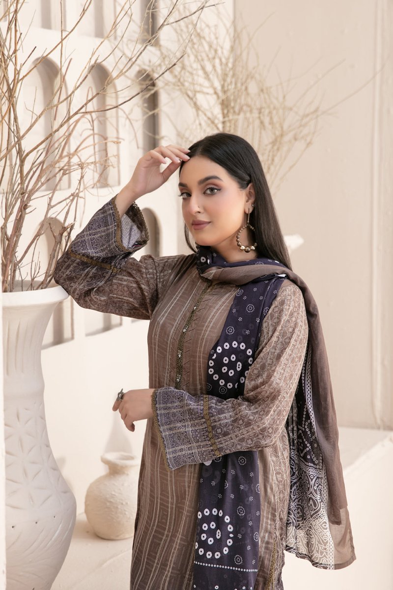 Tawakkal Fabrics 3 Piece Stitched Embroidered Digital Printed Lawn Zari Line Suit - D-2962