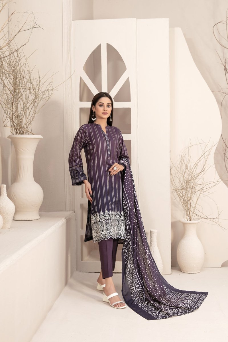 Tawakkal Fabrics 3 Piece Stitched Embroidered Digital Printed Lawn Zari Line Suit - D-2963