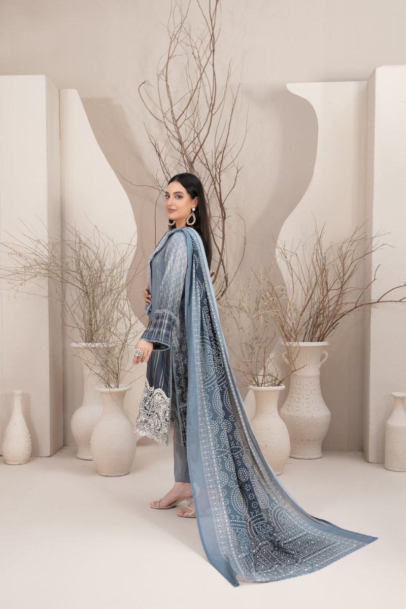 Tawakkal Fabrics 3 Piece Stitched Embroidered Digital Printed Lawn Zari Line Suit - D-2965