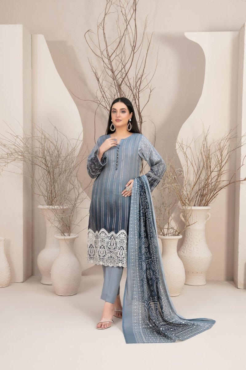 Tawakkal Fabrics 3 Piece Stitched Embroidered Digital Printed Lawn Zari Line Suit - D-2965