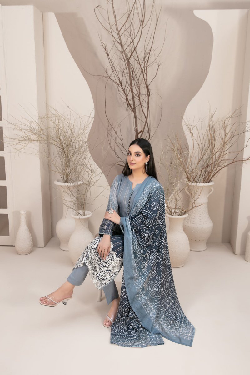 Tawakkal Fabrics 3 Piece Stitched Embroidered Digital Printed Lawn Zari Line Suit - D-2965