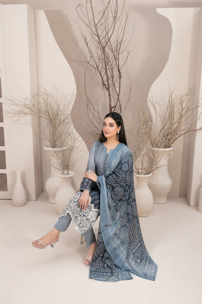 Tawakkal Fabrics 3 Piece Stitched Embroidered Digital Printed Lawn Zari Line Suit - D-2965