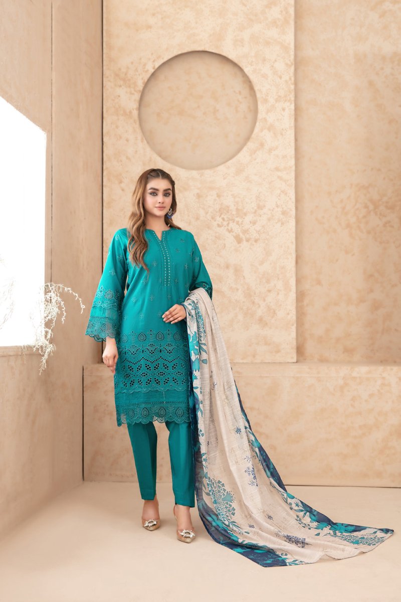 Tawakkal Fabrics 3 Piece Stitched Schiffli Embroidered Lawn Suit - D-3511
