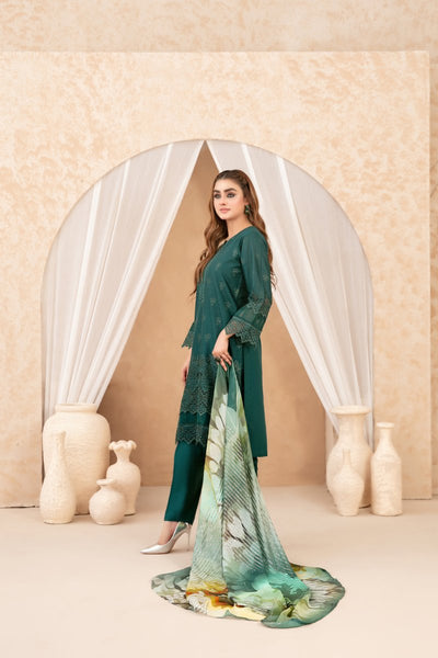 Tawakkal Fabrics 3 Piece Stitched Schiffli Embroidered Lawn Suit - D-3516