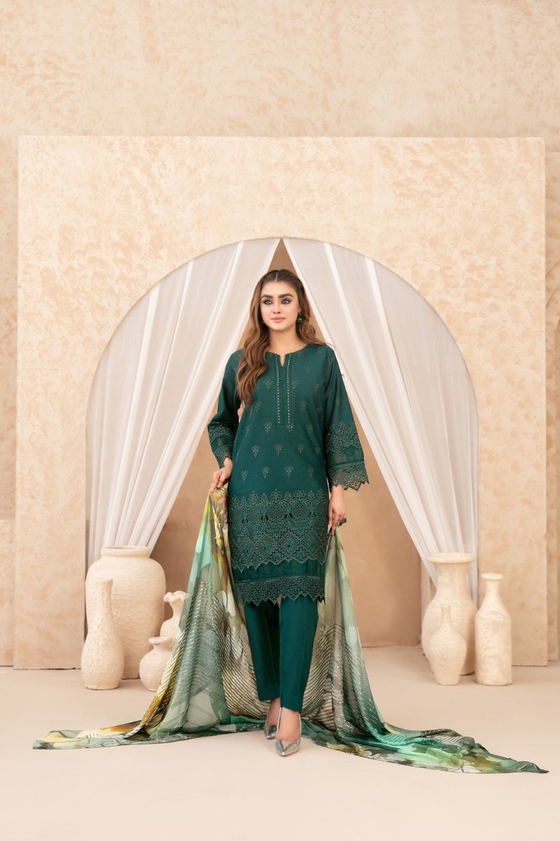 Tawakkal Fabrics 3 Piece Stitched Schiffli Embroidered Lawn Suit - D-3516