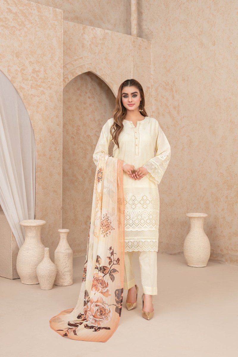 Tawakkal Fabrics 3 Piece Stitched Schiffli Embroidered Lawn Suit - D-3520