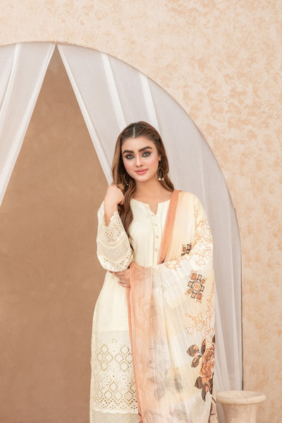 Tawakkal Fabrics 3 Piece Stitched Schiffli Embroidered Lawn Suit - D-3520