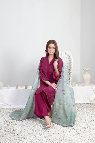 Tawakkal Fabrics 3 Piece Stitched Schiffli Embroidered Lawn Suit - D-3542