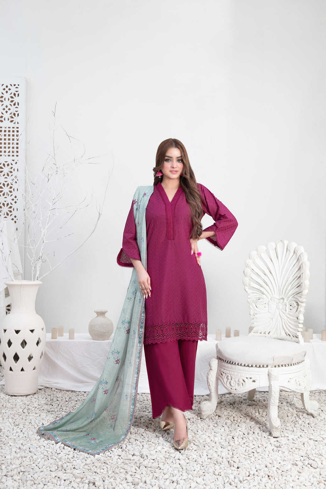 Tawakkal Fabrics 3 Piece Stitched Schiffli Embroidered Lawn Suit - D-3542