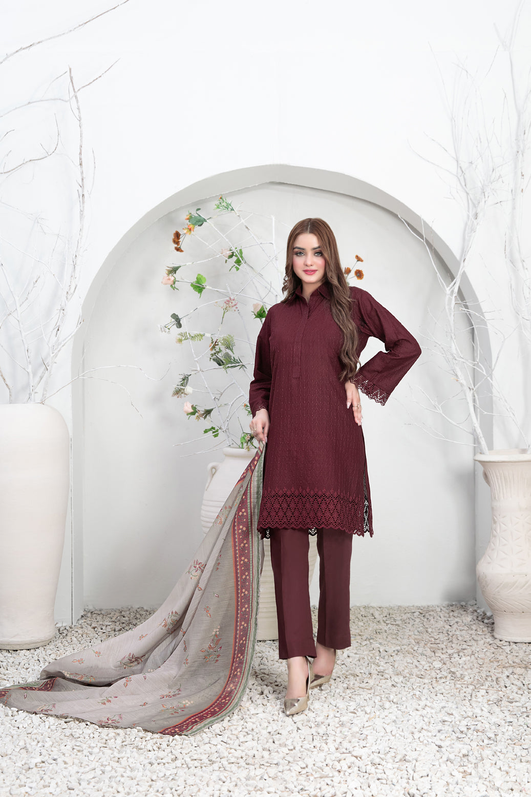 Tawakkal Fabrics 3 Piece Stitched Schiffli Embroidered Lawn Suit - D-3544