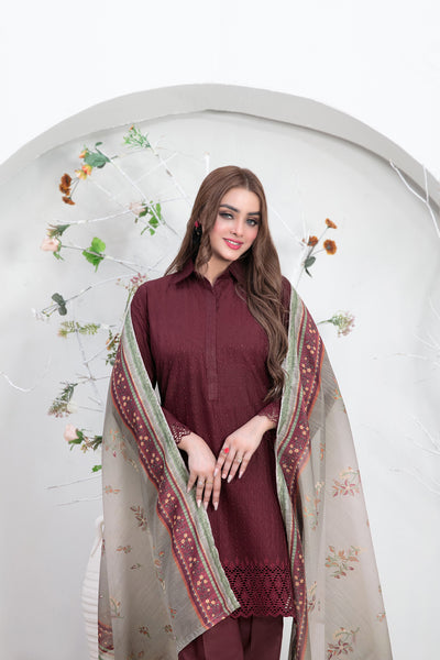 Tawakkal Fabrics 3 Piece Stitched Schiffli Embroidered Lawn Suit - D-3544