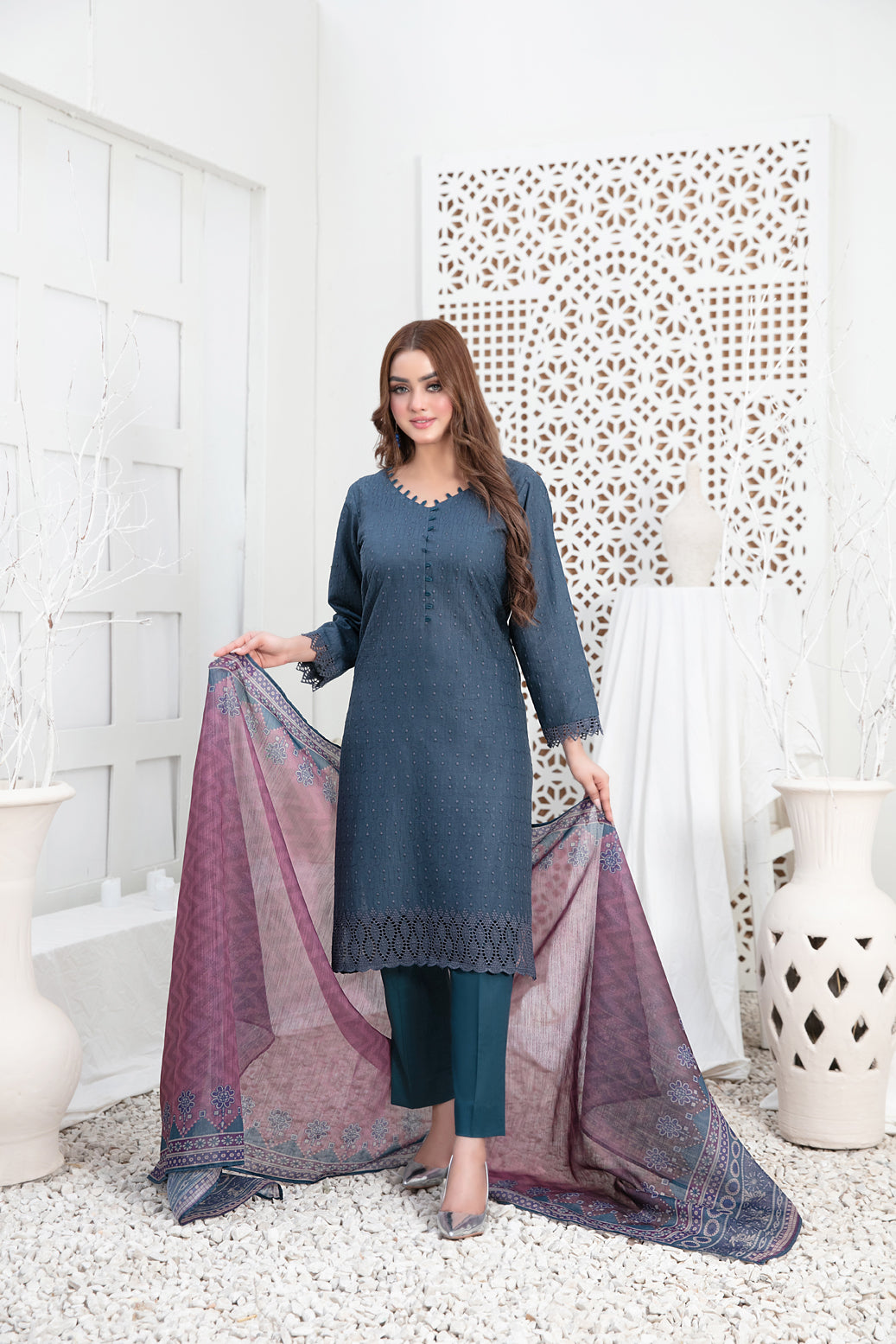 Tawakkal Fabrics 3 Piece Stitched Schiffli Embroidered Lawn Suit - D-3545