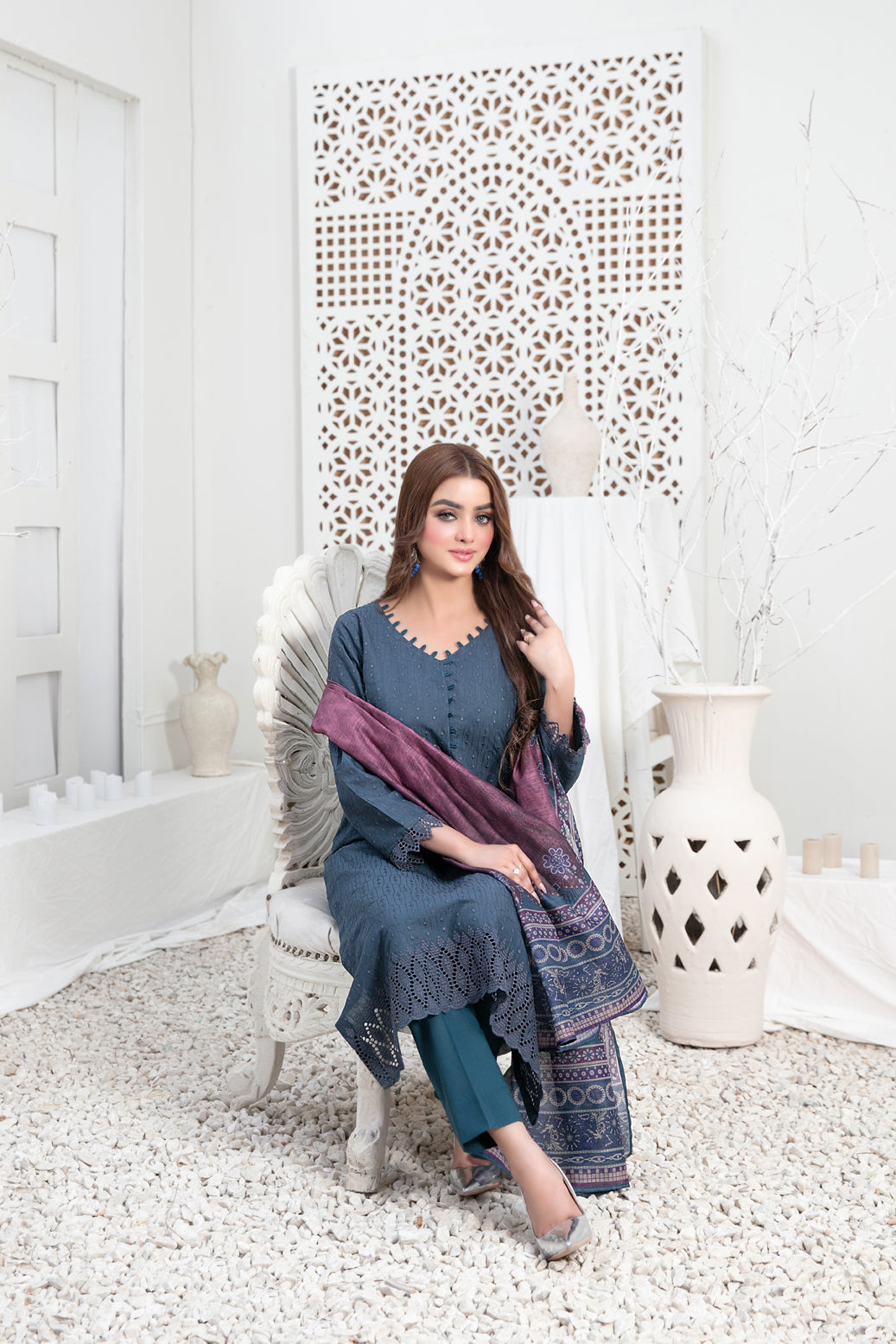 Tawakkal Fabrics 3 Piece Stitched Schiffli Embroidered Lawn Suit - D-3545