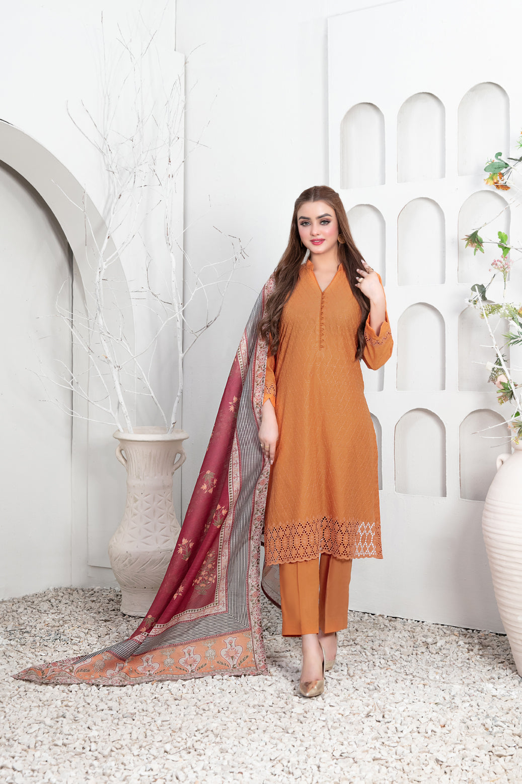 Tawakkal Fabrics 3 Piece Stitched Schiffli Embroidered Lawn Suit - D-3546