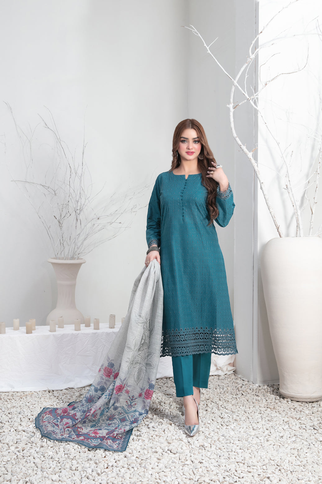 Tawakkal Fabrics 3 Piece Stitched Schiffli Embroidered Lawn Suit - D-3549