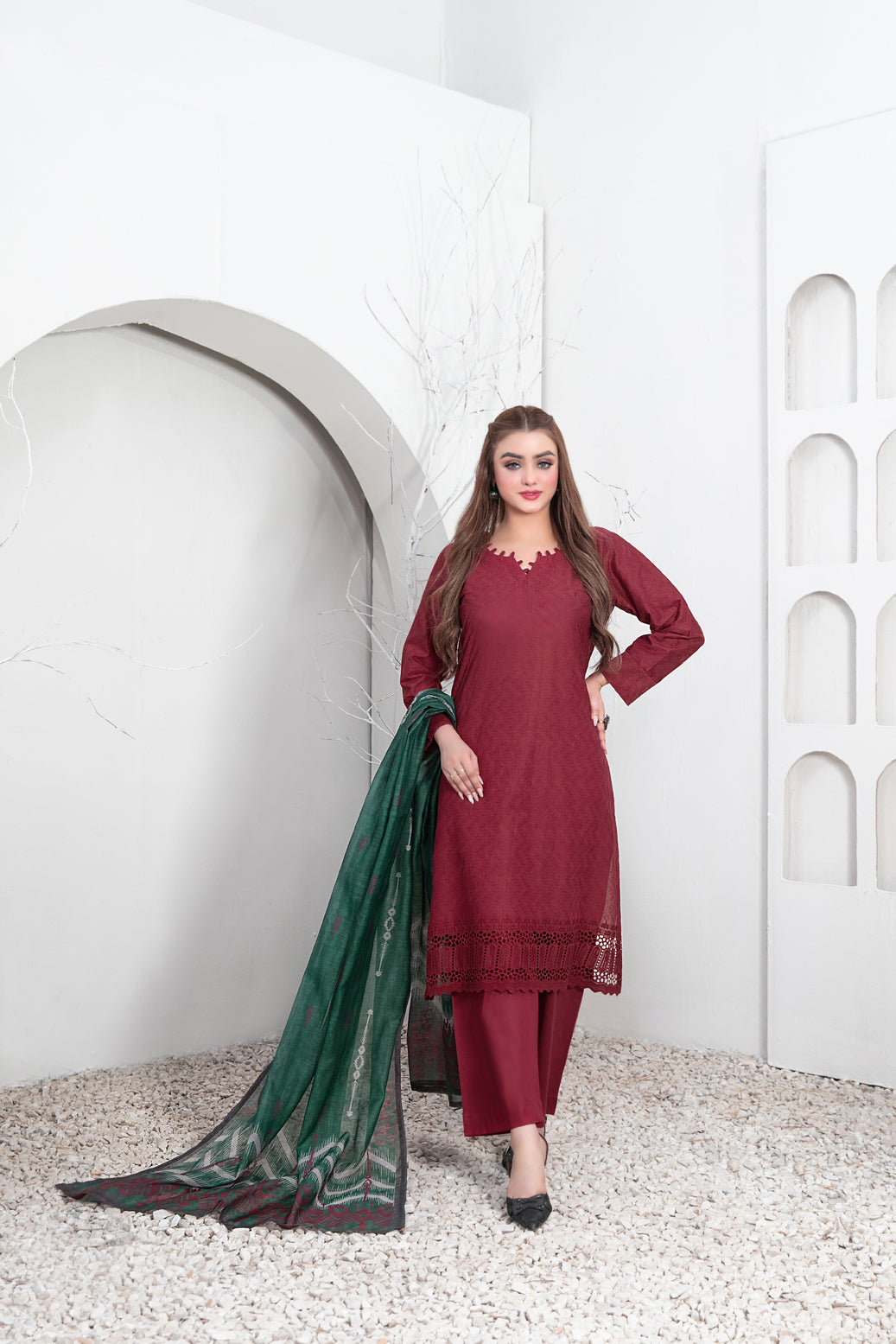 Tawakkal Fabrics 3 Piece Stitched Schiffli Embroidered Lawn Suit - D-3550