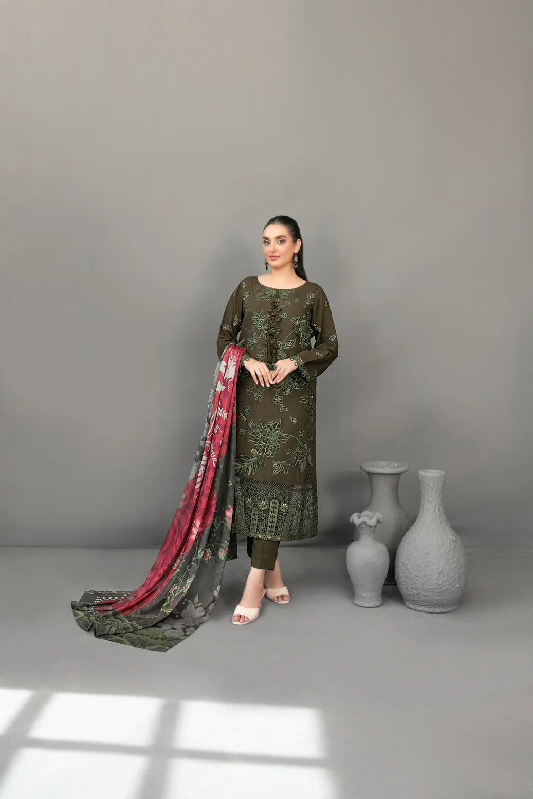 Tawakkal Fabrics 3 Piece Stitched Fancy Embroidered Slub Viscose Suit - D-3620