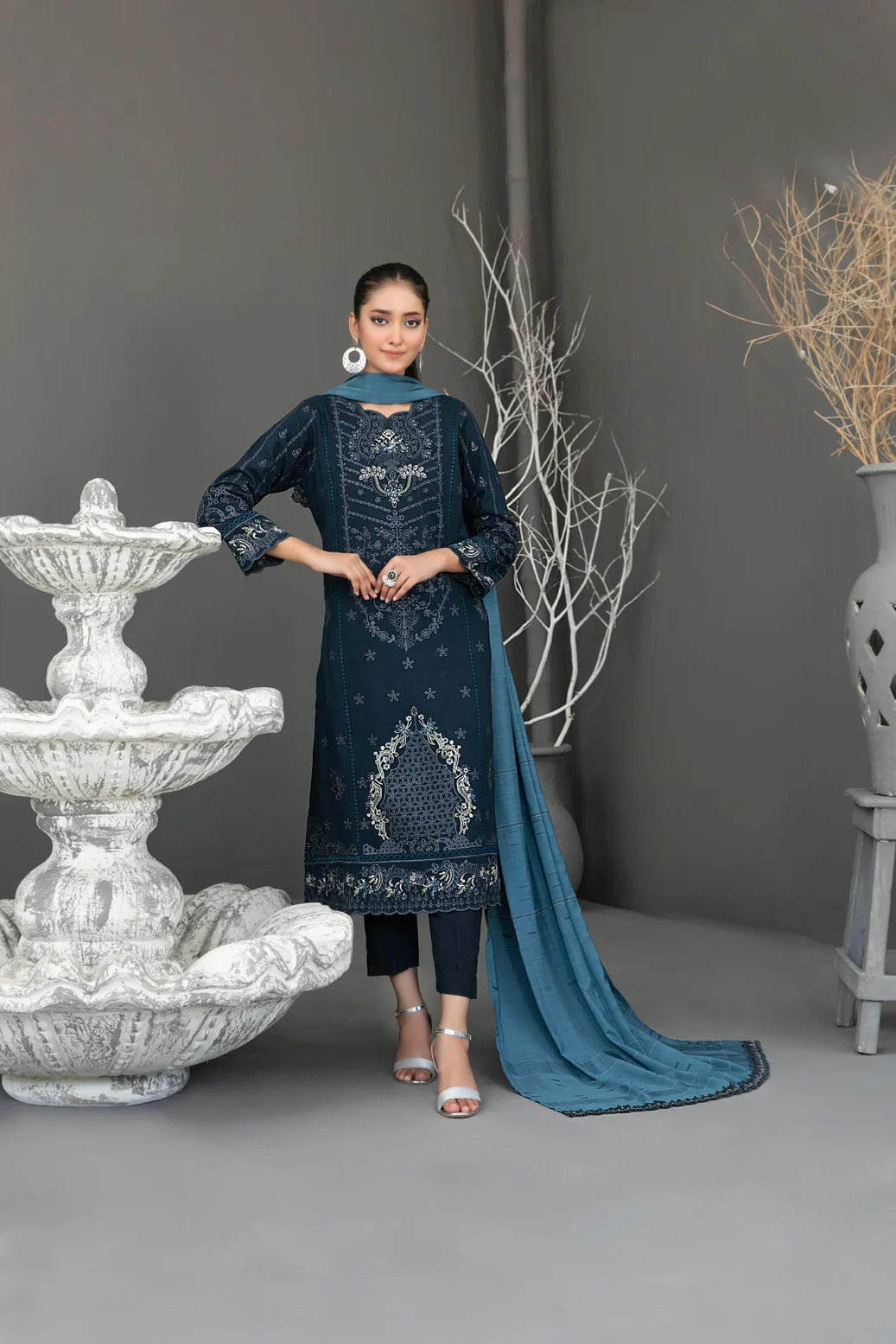 Tawakkal Fabrics 3 Piece Stitched Fancy Embroidered Slub Viscose Suit - D-3621