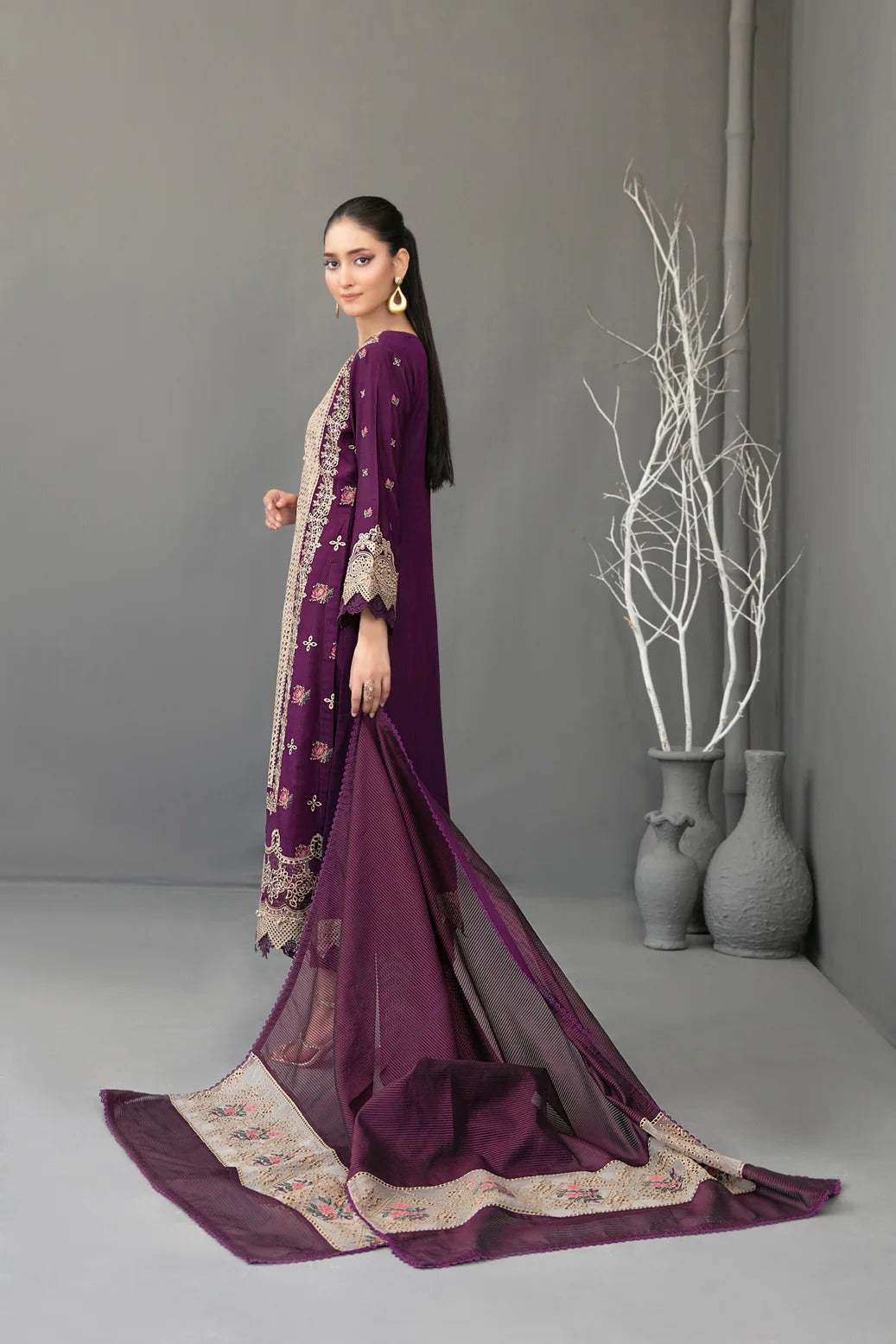 Tawakkal Fabrics 3 Piece Stitched Fancy Embroidered Slub Viscose Suit - D-3624