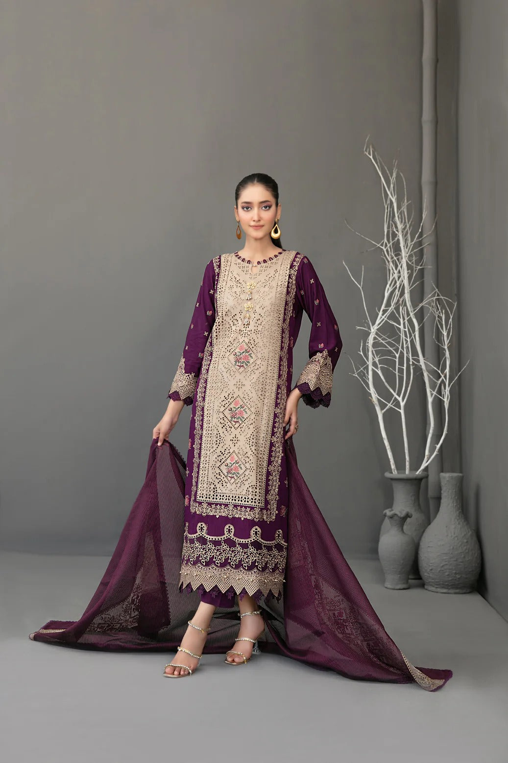 Tawakkal Fabrics 3 Piece Stitched Fancy Embroidered Slub Viscose Suit - D-3624