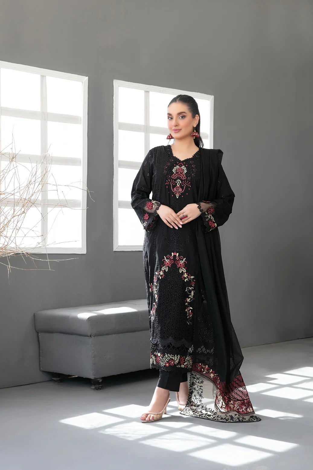 Tawakkal Fabrics 3 Piece Stitched Fancy Embroidered Slub Viscose Suit - D-3650