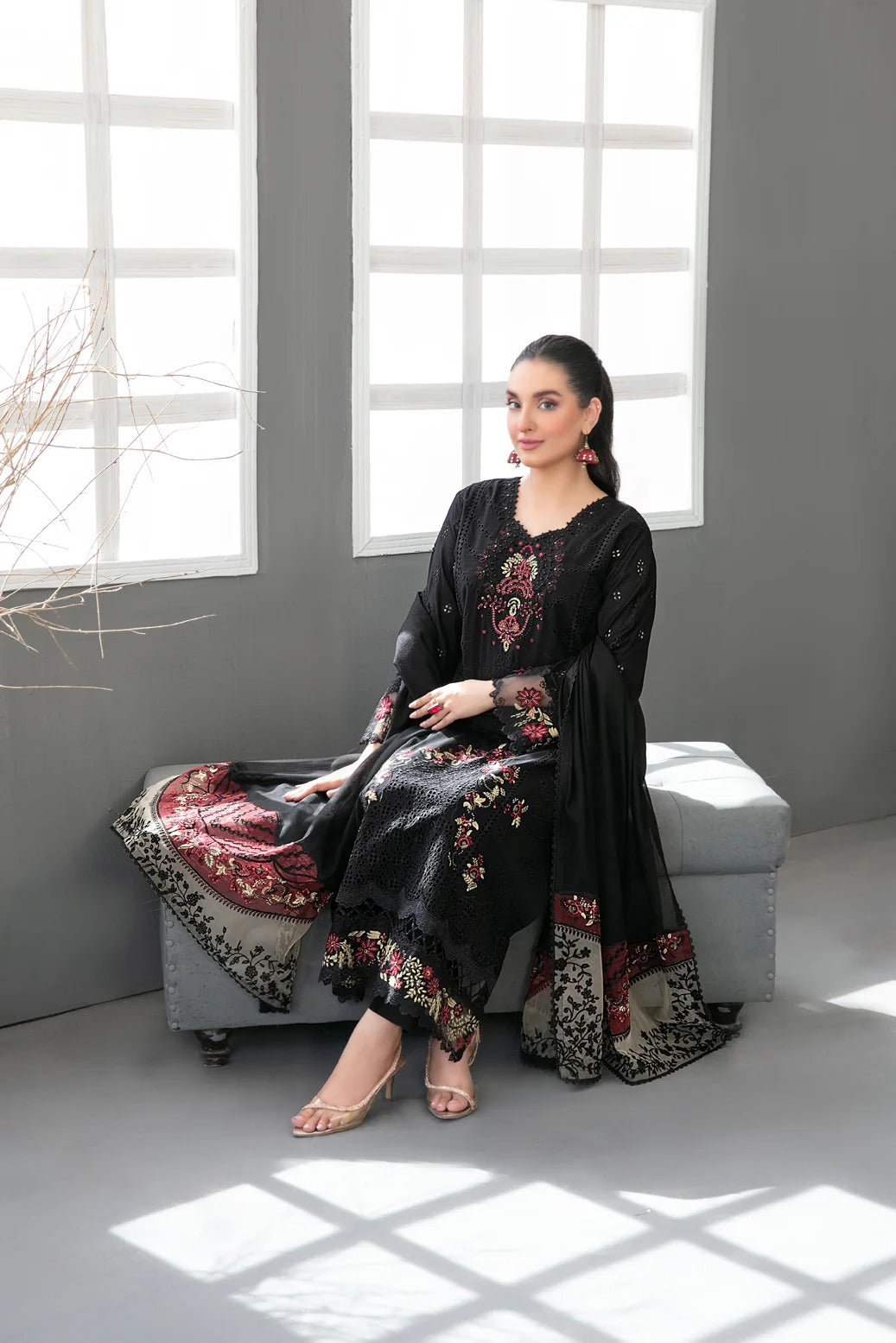 Tawakkal Fabrics 3 Piece Stitched Fancy Embroidered Slub Viscose Suit - D-3650