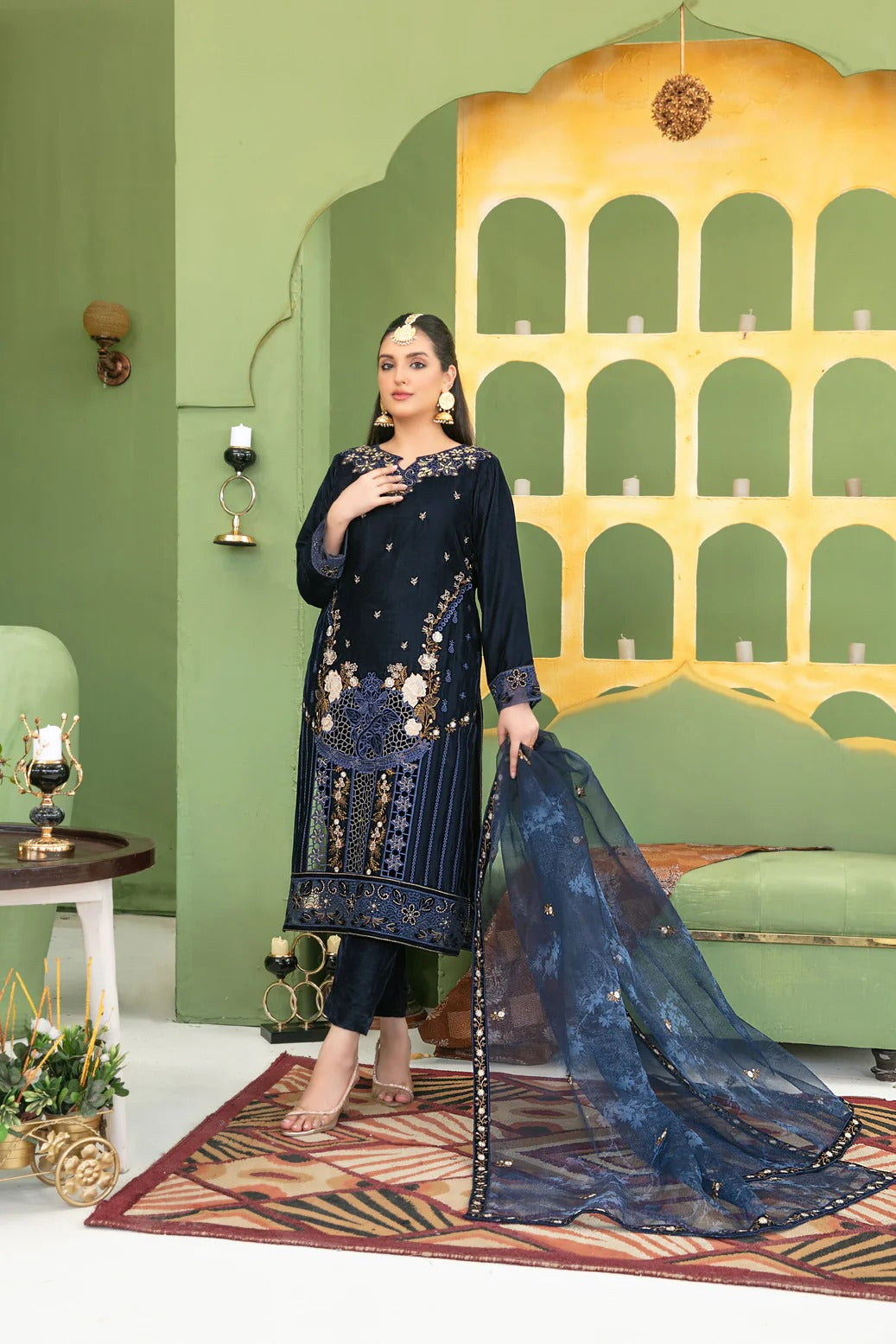 Tawakkal Fabrics 3 Piece Stitched Fancy Heavy Embroidered Velvet Suit - D-3689