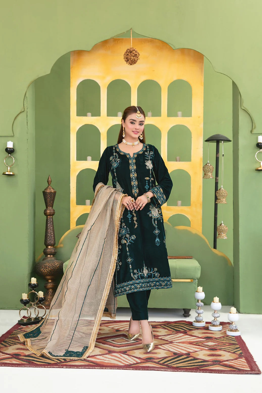 Tawakkal Fabrics 3 Piece Stitched Fancy Heavy Embroidered Velvet Suit - D-3690