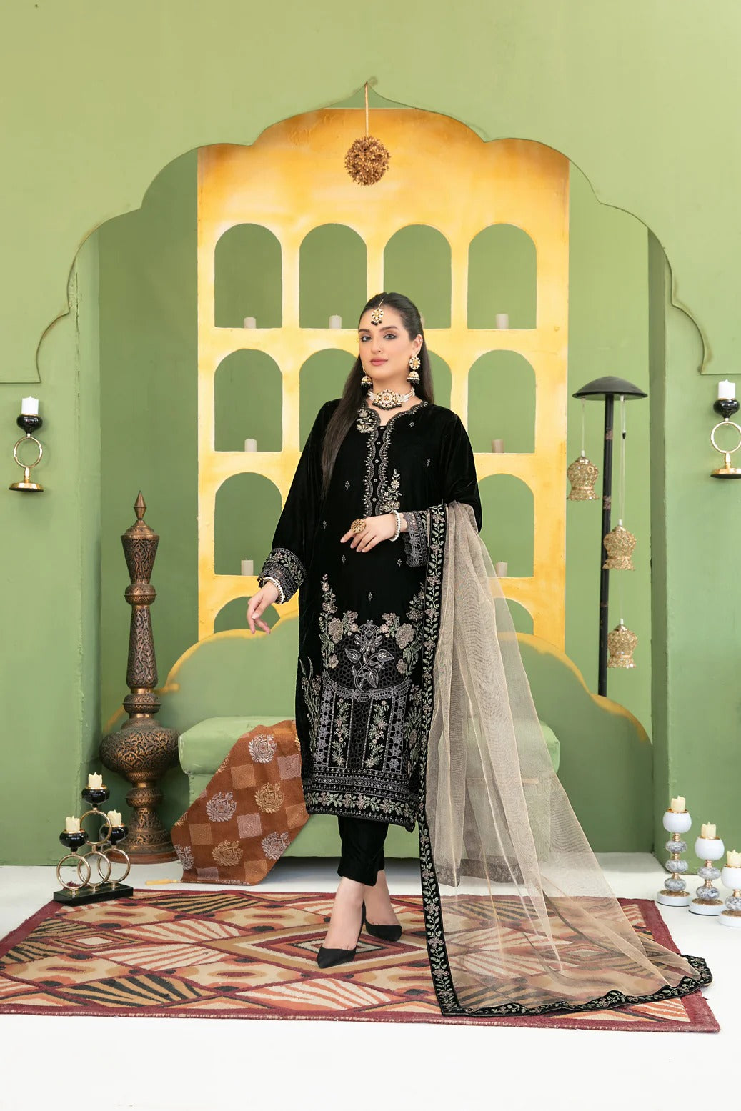 Tawakkal Fabrics 3 Piece Stitched Fancy Heavy Embroidered Velvet Suit - D-3691