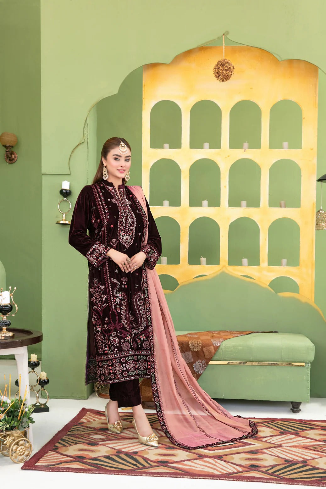 Tawakkal Fabrics 3 Piece Stitched Fancy Heavy Embroidered Velvet Suit - D-3692