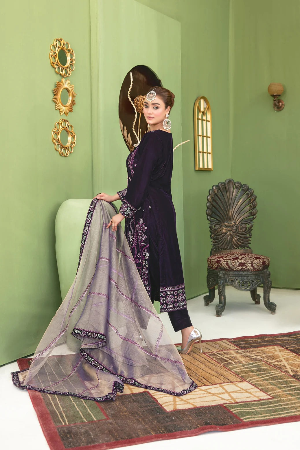 Tawakkal Fabrics 3 Piece Stitched Fancy Heavy Embroidered Velvet Suit - D-3693