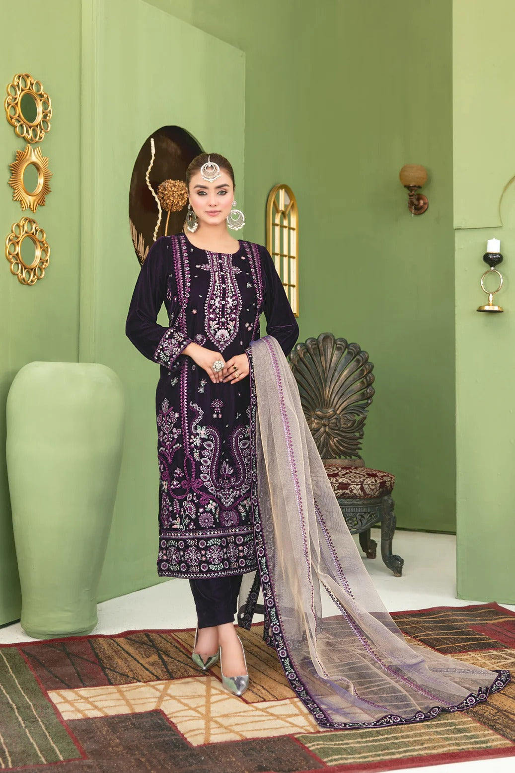 Tawakkal Fabrics 3 Piece Stitched Fancy Heavy Embroidered Velvet Suit - D-3693