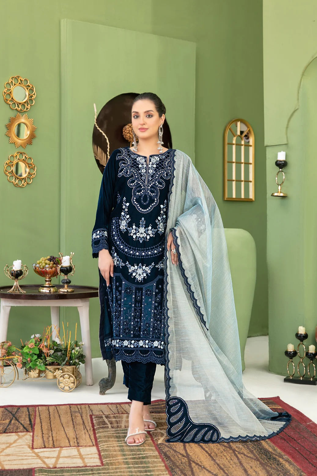 Tawakkal Fabrics 3 Piece Stitched Fancy Heavy Embroidered Velvet Suit - D-3694