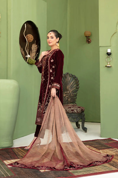 Tawakkal Fabrics 3 Piece Stitched Fancy Heavy Embroidered Velvet Suit - D-3696