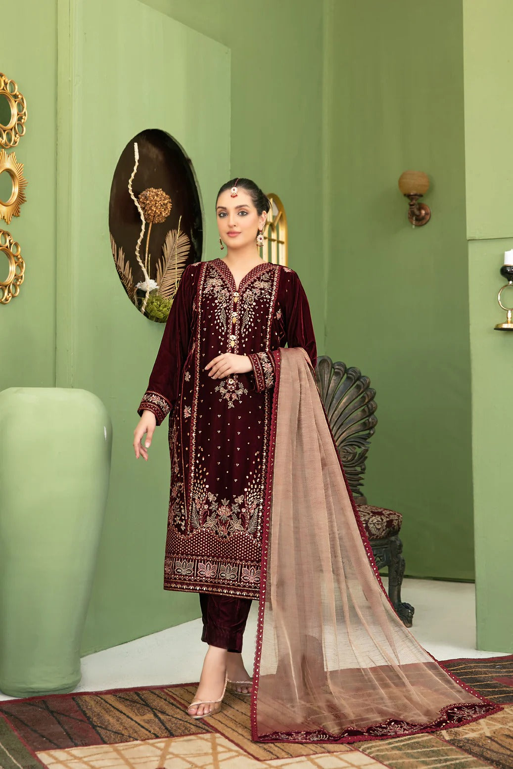 Tawakkal Fabrics 3 Piece Stitched Fancy Heavy Embroidered Velvet Suit - D-3696