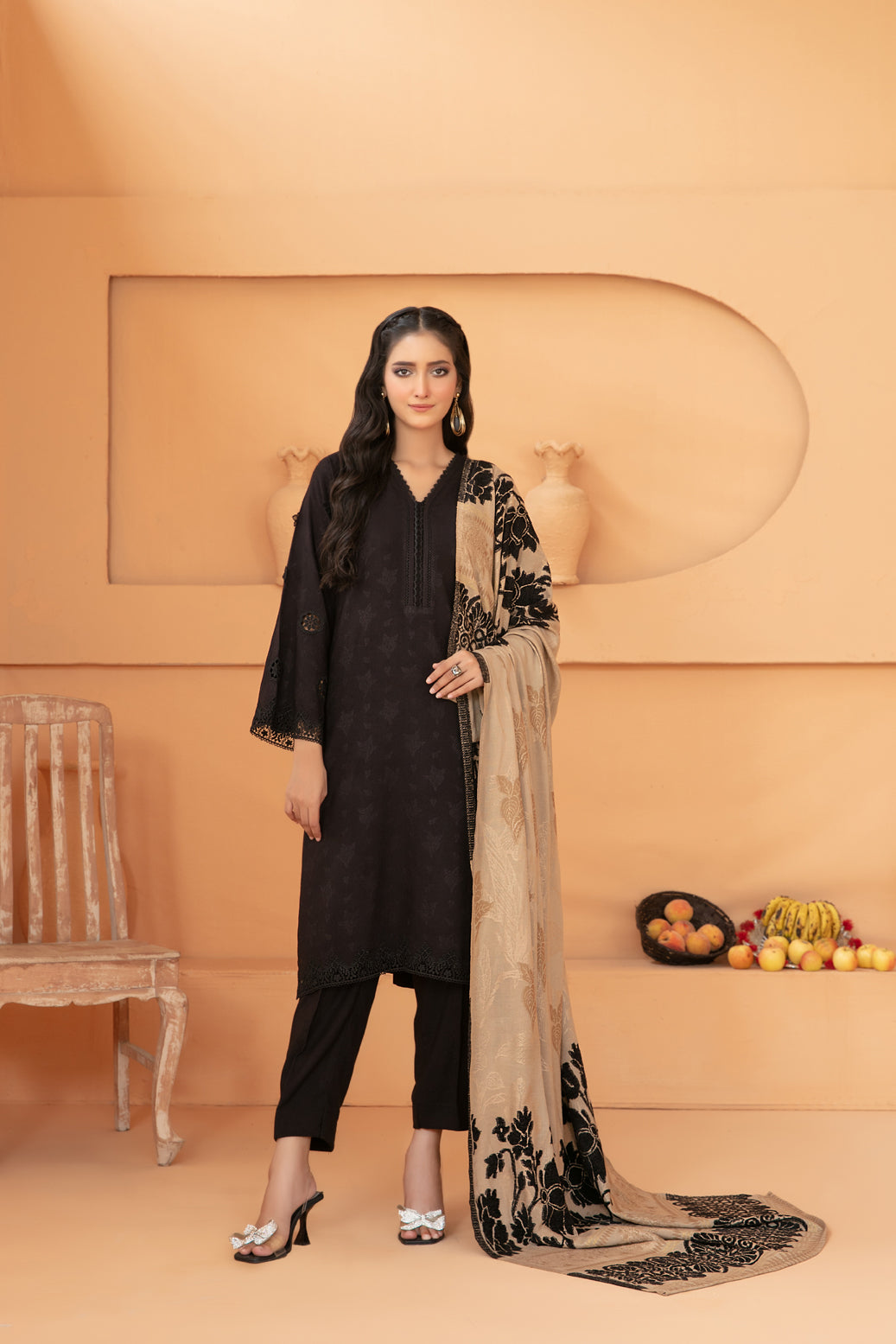 Tawakkal Fabrics 3 Piece Stitched Exclusive Jacquard Leather Peach Suit - D-3729