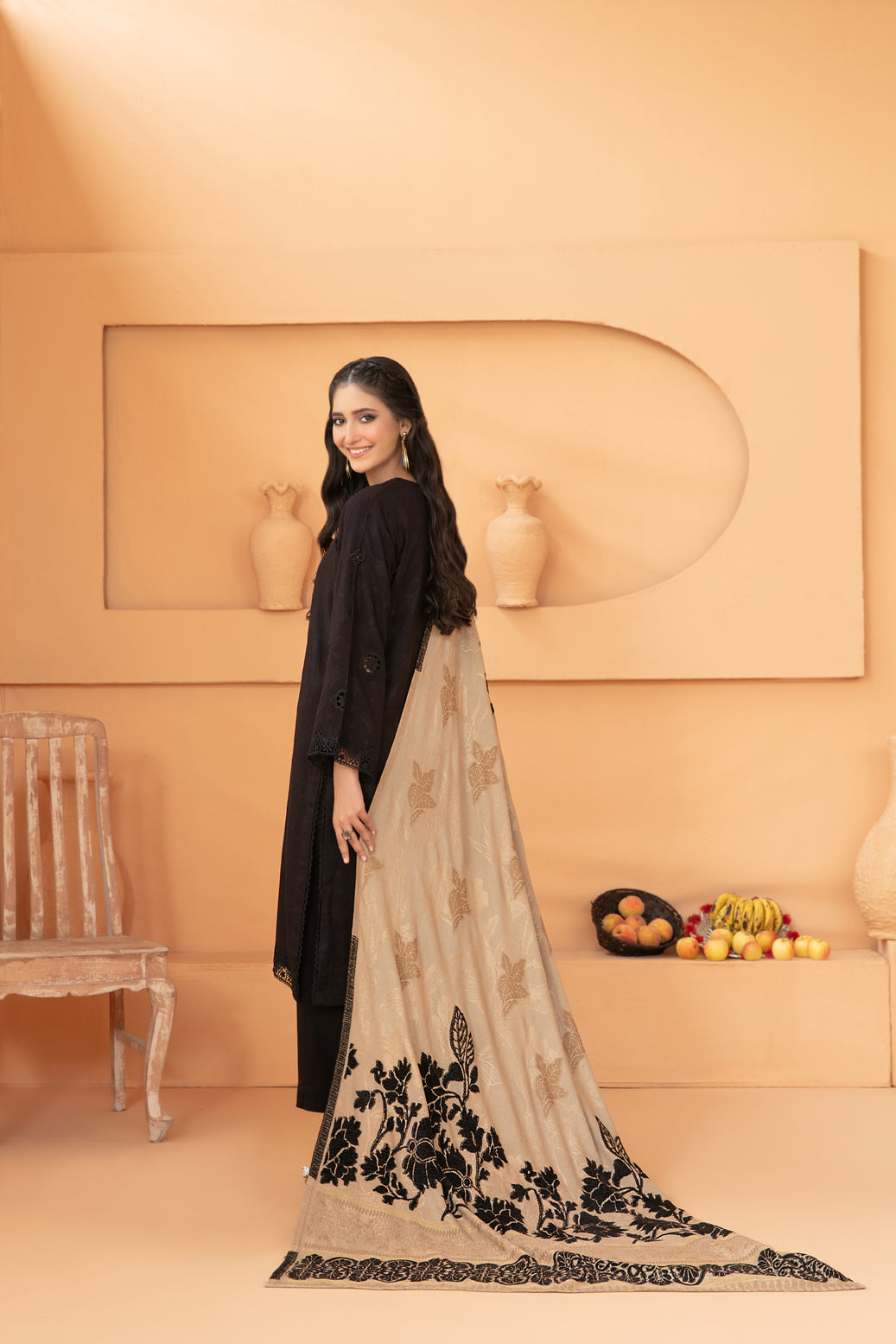 Tawakkal Fabrics 3 Piece Stitched Exclusive Jacquard Leather Peach Suit - D-3729