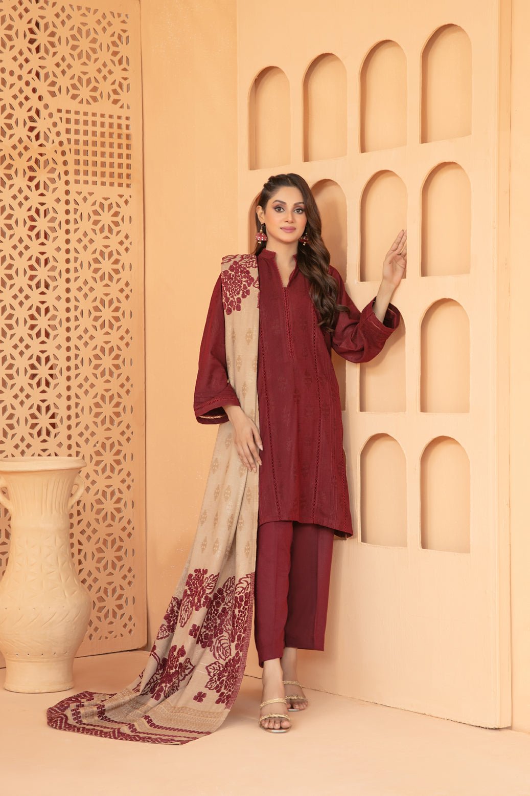 Tawakkal Fabrics 3 Piece Stitched Exclusive Jacquard Leather Peach Suit - D-3730