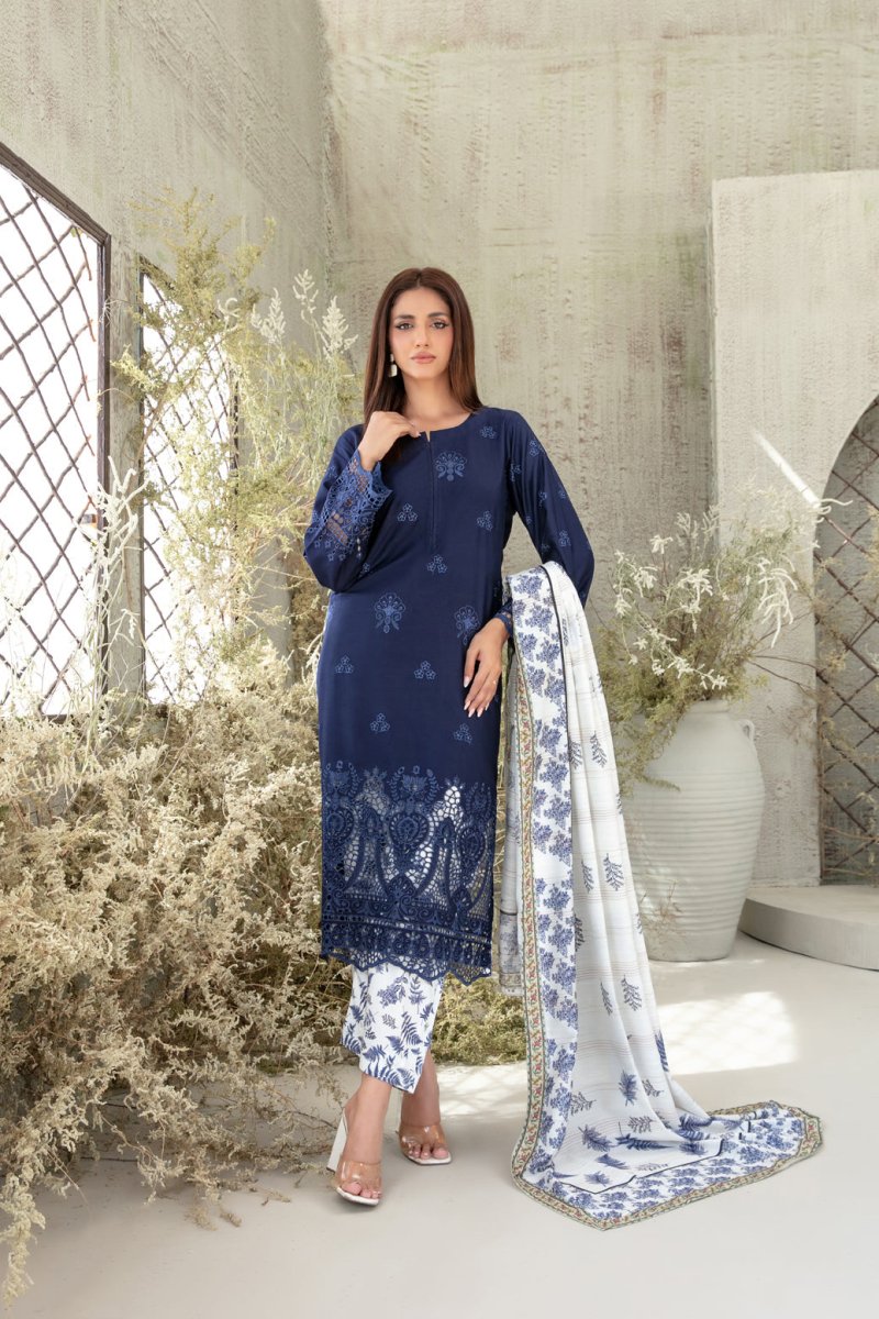 Tawakkal Fabrics 3 Piece Stitched Schiffli Embroidered Staple Suit - D-3760