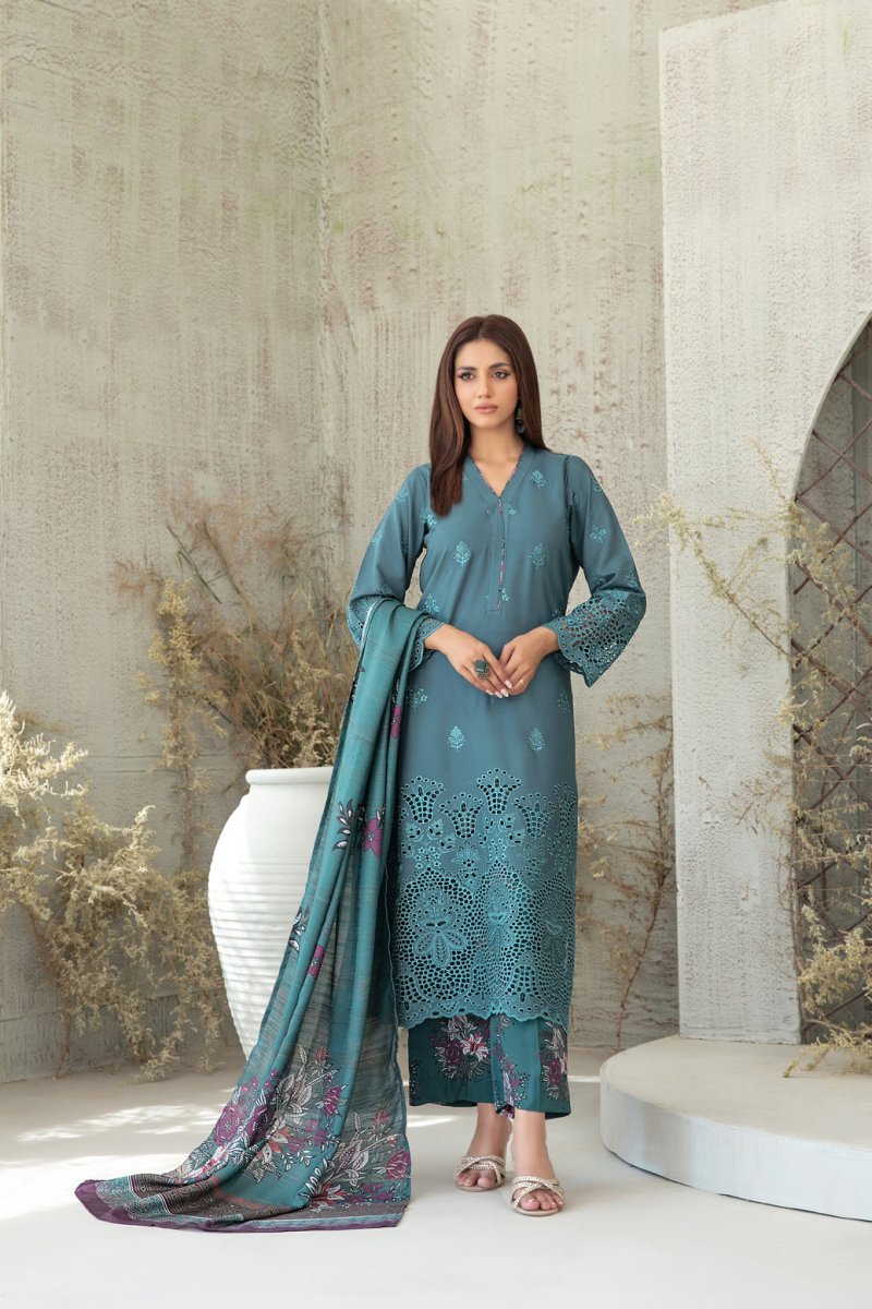 Tawakkal Fabrics 3 Piece Stitched Schiffli Embroidered Staple Suit - D-3761