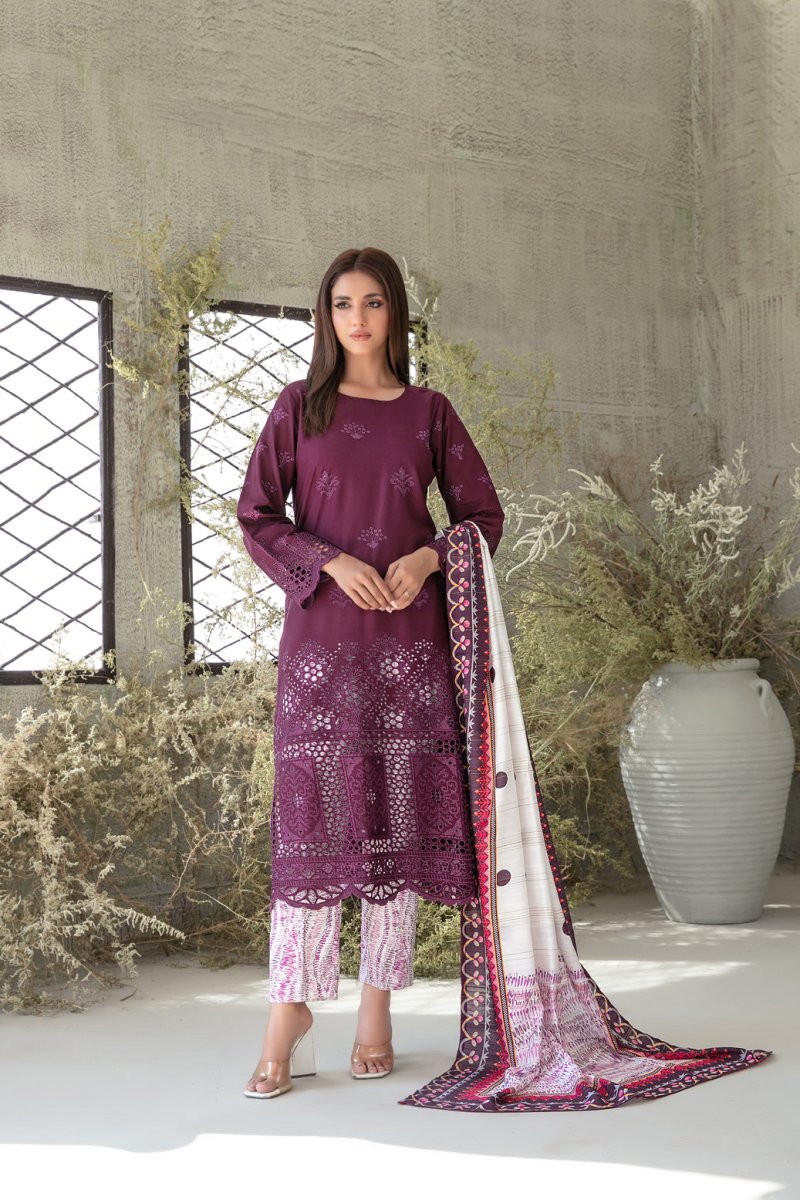 Tawakkal Fabrics 3 Piece Stitched Schiffli Embroidered Staple Suit - D-3762