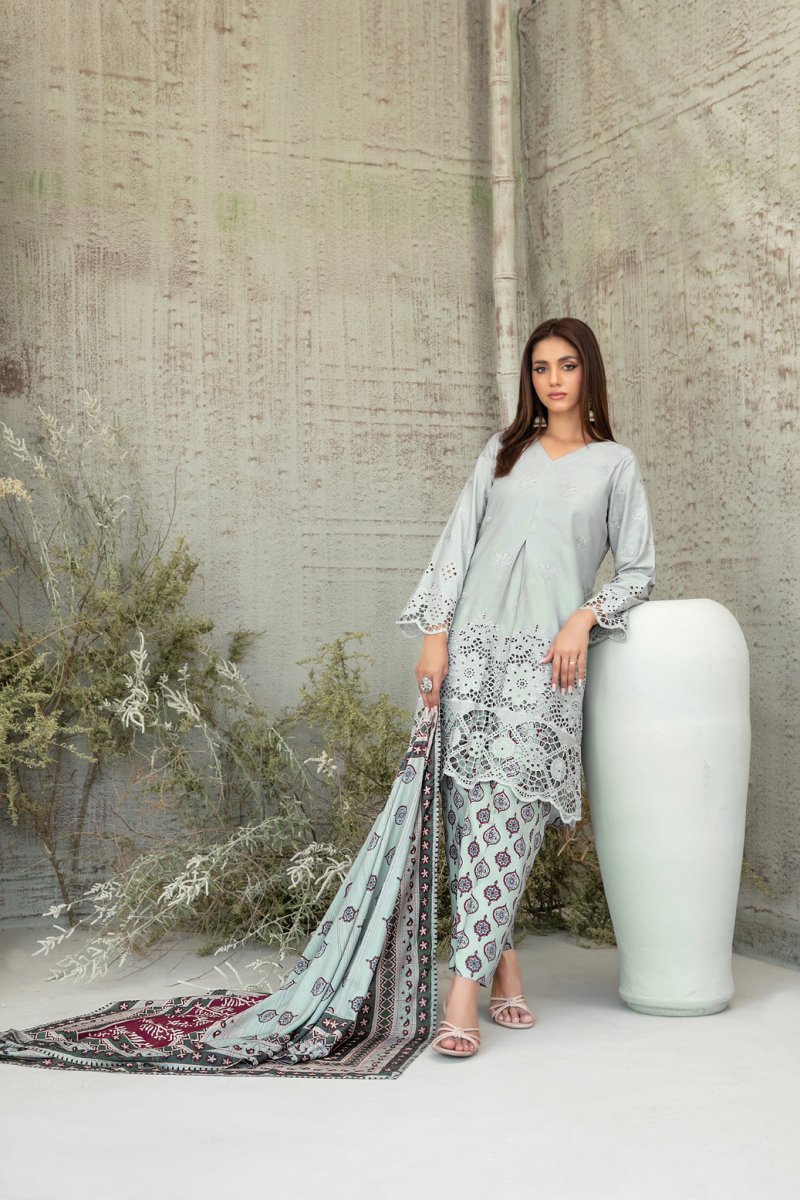 Tawakkal Fabrics 3 Piece Stitched Schiffli Embroidered Staple Suit - D-3763