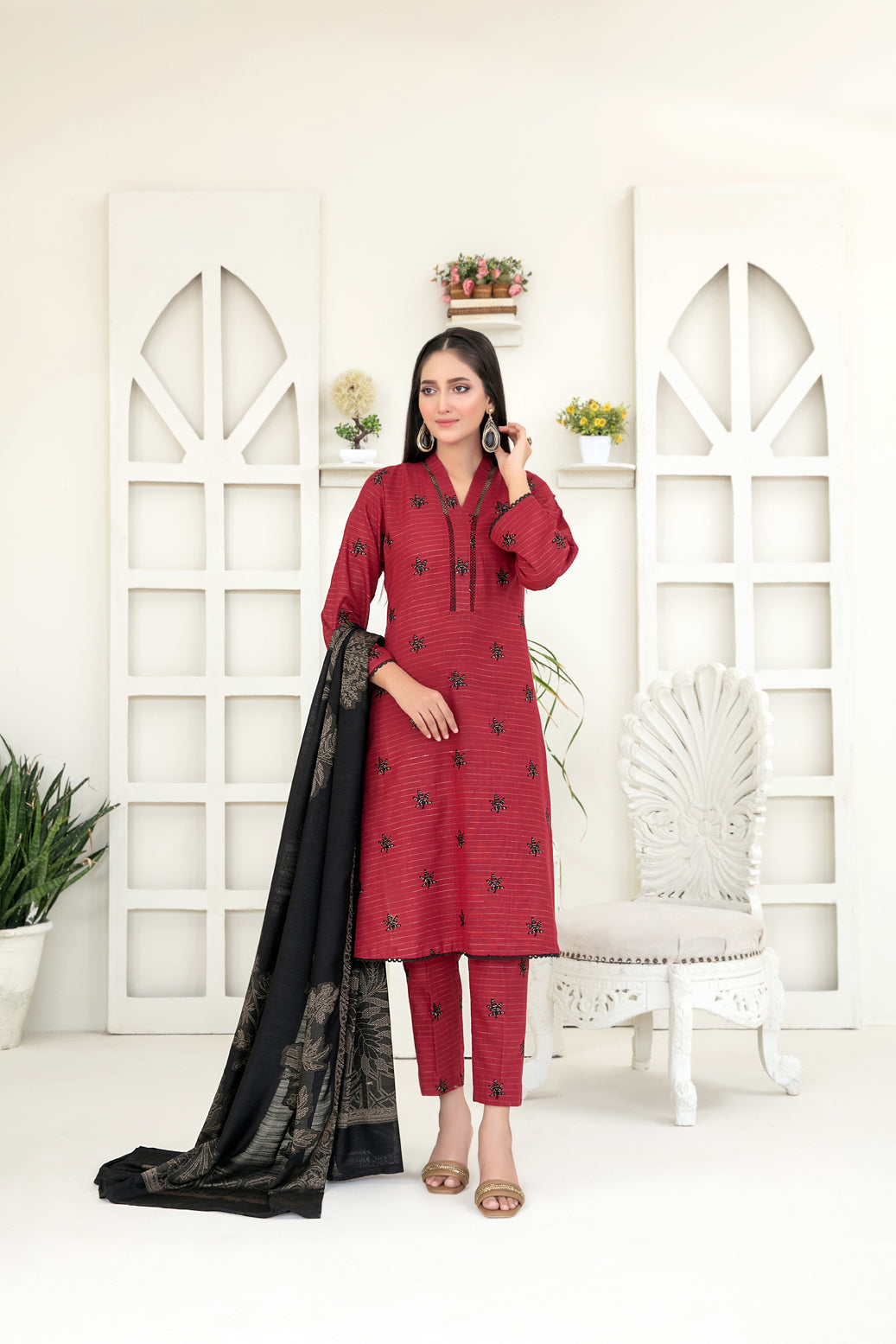 Tawakkal Fabrics 3 Piece Stitched Fancy Embroidered Zari Khaddar Suit - D-3859